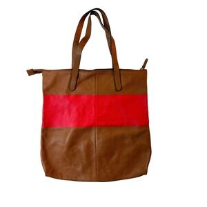 GAP Leather Tote Bag Brown Red Colorblock Zip Top Shoulder Purse Large Carryall